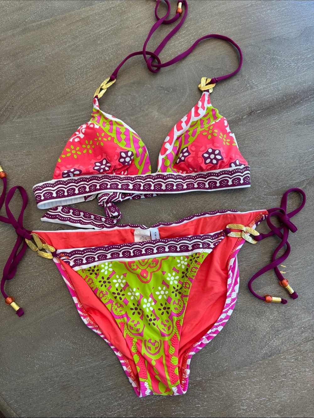 Trina Turk Women’s Floral Tie-Side Bikini Set in Coral & Green